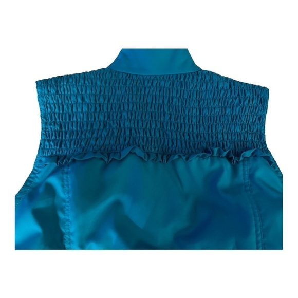 Draper’s and Damon’s vest, teal blue,  PL.  quilted satin.  Ruffles and smocking - Picture 3 of 6